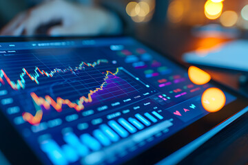 Close-up view of tablet display showing stock market graphs and financial charts