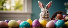 Easter Bunny With Colorful Easter Eggs, Empty Space Copy Space For Text Banner Background.
