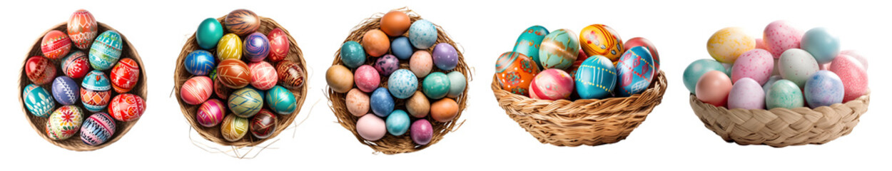 top and side view of collection set of basket of colourful hand painted decorated easter eggs on tra