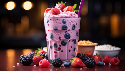 Fresh berry dessert on wooden table with yogurt and milkshake generated by AI
