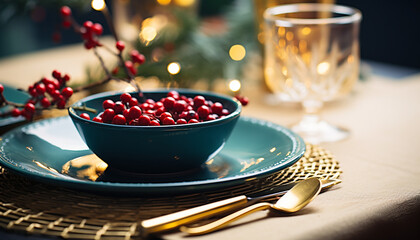 Poster - Fresh cranberries on a wooden table, winter celebration generated by AI