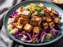 Spicy Baked Marinated Tofu With Vibrant Cabbage Stir Fry.
