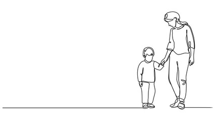 Wall Mural - animated continuous single line drawing of young boy walking by the hand of his mother, line art animation