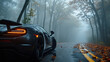 A black stealth supercar with tinted windows cruising through a foggy forest road