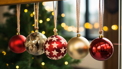 Sticker - Shiny gold ornament hanging on Christmas tree generated by AI