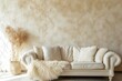 Fur loveseat sofa near empty beige stucco wall. Minimalist interior design of modern living room.