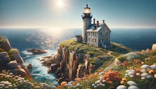 A Photo-realistic Image Of A Historic Stone Lighthouse On A Cliff With Wildflowers, Overlooking A Sparkling Ocean, Clear Day. 