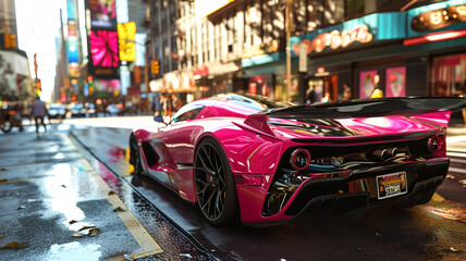 Naklejka na meble A bright pink supercar with bold styling attracting attention on a vibrant city street