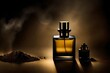 expensive and elegant square perfume spray bottle presentation , black and golden tones , masculine cosmetics
