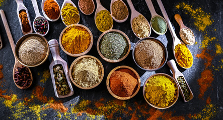 Wall Mural - Composition with assortment of spices and herbs