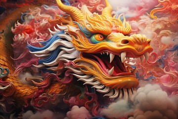 Wall Mural - a colorful close-up macro drawing illustration of an angry red monster dragon with sharp teeth and scary eye representing the chinese lunar new year