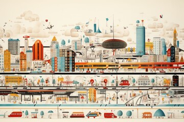 an abstract geometric chaotic crowded detailed poster drawing collage of a urban futuristic cityscape city skyline