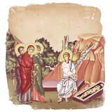 Fototapeta Kwiaty - Myrrhbearing Women at the Tomb of Christ. Christian illustration in Byzantine style isolated