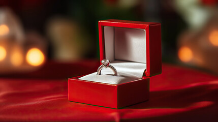 Engagement ring in a red box on a served table for Valentine's Day, proposal, birthday, anniversary, wedding close up