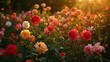 A lush rose garden at sunset showcasing an array of red pink and yellow roses with the sun casting warm hues.