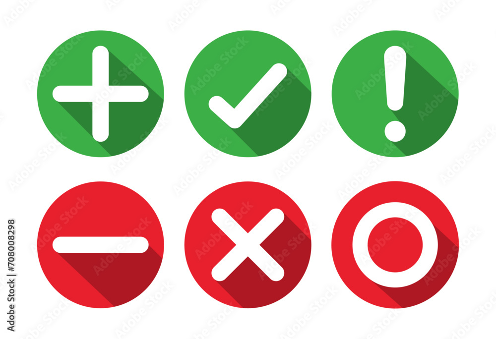 Right, wrong, minus, plus, exclamation and circle mark set in shadow style. Right wrong symbol icon shadow style. Right, Wrong, Exclamation mark color. Vector Icon.