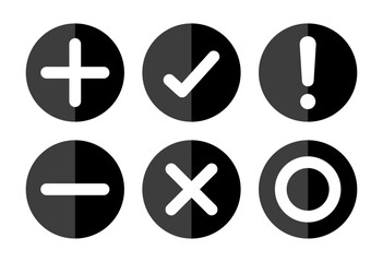 Aufkleber - Right, wrong, minus, plus, exclamation and circle mark set in black and white minimal style. Right wrong symbol icon in two shades style. Right, Wrong, Exclamation mark. Vector Icon.