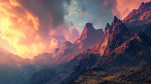 A Panoramic Scene Of A Rugged Mountain Range With A Colorful Twilight Sky