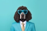Fototapeta  - animal pet dog concept Anthromophic friendly Portuguese water dog  dog wearing suite formal business suit pretending to work in coporate workplace studio shot on plain color wall
