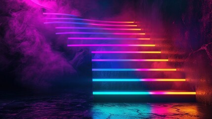 This image depicts a vibrant abstract scene featuring neon-lit stairs with a colorful illumination against a dark background.