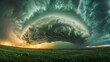 A panoramic view of a supercell thunderstorm with rotating clouds and a greenish hue indicating hail potential.