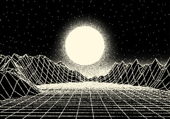 Wall Mural - retro dotwork landscape with 80s styled sun, grid mountains and stars background from old sci-fi boo