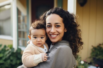 smiling mother with baby in front of house