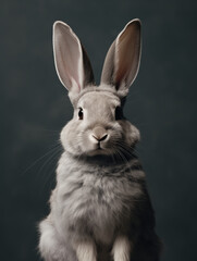 Portrait of a cute, fluffy Easter grey bunny on dark grey background. Close-up of adorable pet rabbit posing for camera.