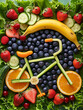 Healthy food concept. A bike made of fresh vegetables and fruits,