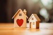 Wooden house model and real estate insurance ideas, and small shield icon. Housing insurance against impending loss and fire, building fire insurance, Generative AI