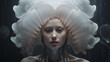 Surrealistisches Portrait einer Frau mit weißen Muscheln, die den Kopf umformen, ätherische Stimmung. Abstrakte Illustration vor dunklem Hintergrund