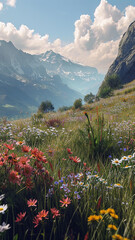 Wall Mural - A sweeping vista of an alpine meadow with wildflowers and distant peaks