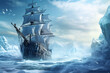 High seas adventure as a pirate ship sails through a field of towering icebergs, the frozen giants creating a labyrinth of danger in the frigid waters,
