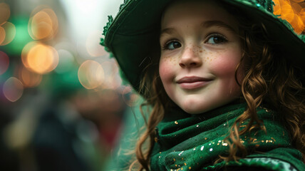 little red-haired child in green Leprechaun holiday costume at St. Patrick's Day carnival, Irish national holiday, Ireland, blurred background, shamrock, traditional, symbol, kid, girl, toddler, hat