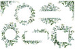 Eucalyptus watercolor illustration. Set of trendy greenery frames. Sage green border.  Elegant foliage design for wedding, card, invitation, greeting on transparent background