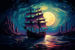 Woodblock illustration of a pirate ship entering a bioluminescent bay, the water illuminated by the otherworldly glow as the ship sails into the enchanting harbor,