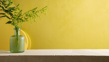 Empty Yellow Concrete Textured Wall And Podium Stage Background, Adorned With A Green Glass Vase Containing Plants, Providing A Neutral And Sustainable Showcase Template For Natural Brand Products, Wi