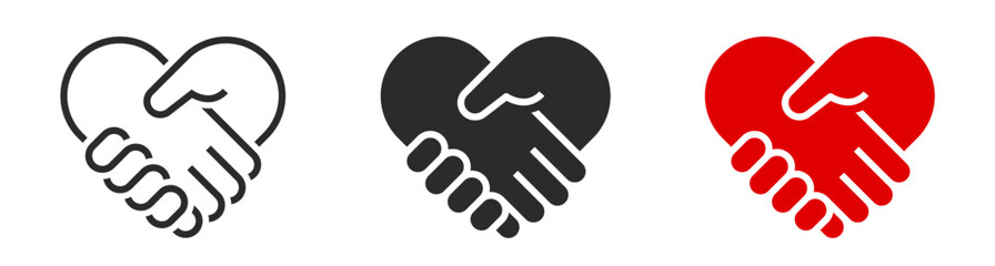 Handshake heart icons set. Care sign. Love, partnership, friendship, hand, hand shake, hands together symbol - stock vector.
