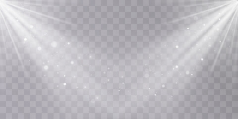 Fototapete - Bright white lighting with spotlights, projector light effects with spot light isolated on transparent background with bokeh and flare effect.