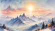 Watercolor painting of the a mountain range with snow peaks at dawn; the sun is reflected in the snow; foggy; fairy tale like