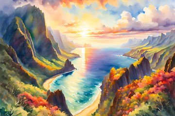 Wall Mural - Watercolor painting of Na Pali Coast, Kauai, Hawaii at sunset
