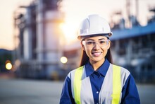 Portrait Of A Female Engineer Wearing Hardhat And Safety Glasses At An Industrial Site