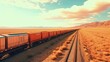 A massive freight train speeds across the arid prairie, its metal wheels rumble along the tracks, merging with the howling wind.