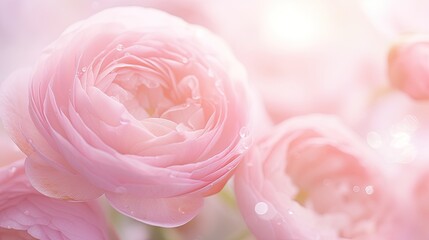 Canvas Print - rose ranunculus flowers with rain drops in sunny garden