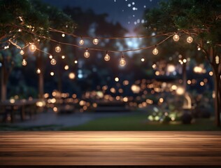 empty wood table top with decorative outdoor string lights hanging on tree in the garden at night ti