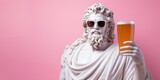 Fototapeta  - White sculpture of Zeus with a glass of beer on a pink background.