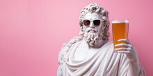 White Sculpture Of Zeus With A Glass Of Beer On A Pink Background.