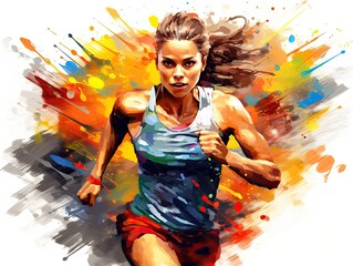 Wall Mural - Running female athlete in sportswear. Energetic young woman. Marathon runner. Sport. Acrylic painting background made with paint strokes. Illustration for cover, card, interior design, brochure, etc.