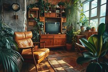 Living Room Interior Have Tv Cabinet And Leather Armchair With Other Materials