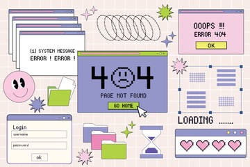 Old computer browser in 90s vaporwave style with smile face hipster stickers. Window, social media app templates. 80s 90s old computer UI elements and vintage aesthetic icons. 